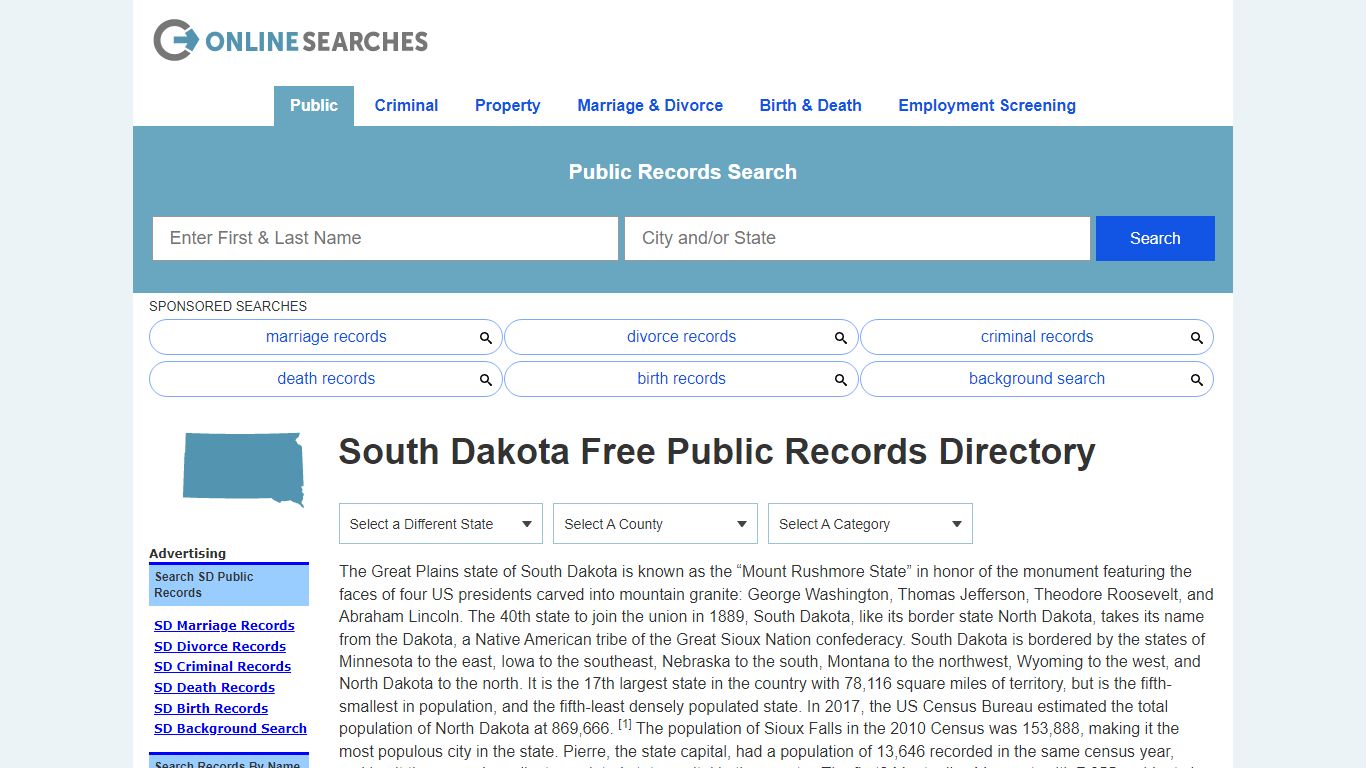 South Dakota Free Public Records Directory - OnlineSearches.com